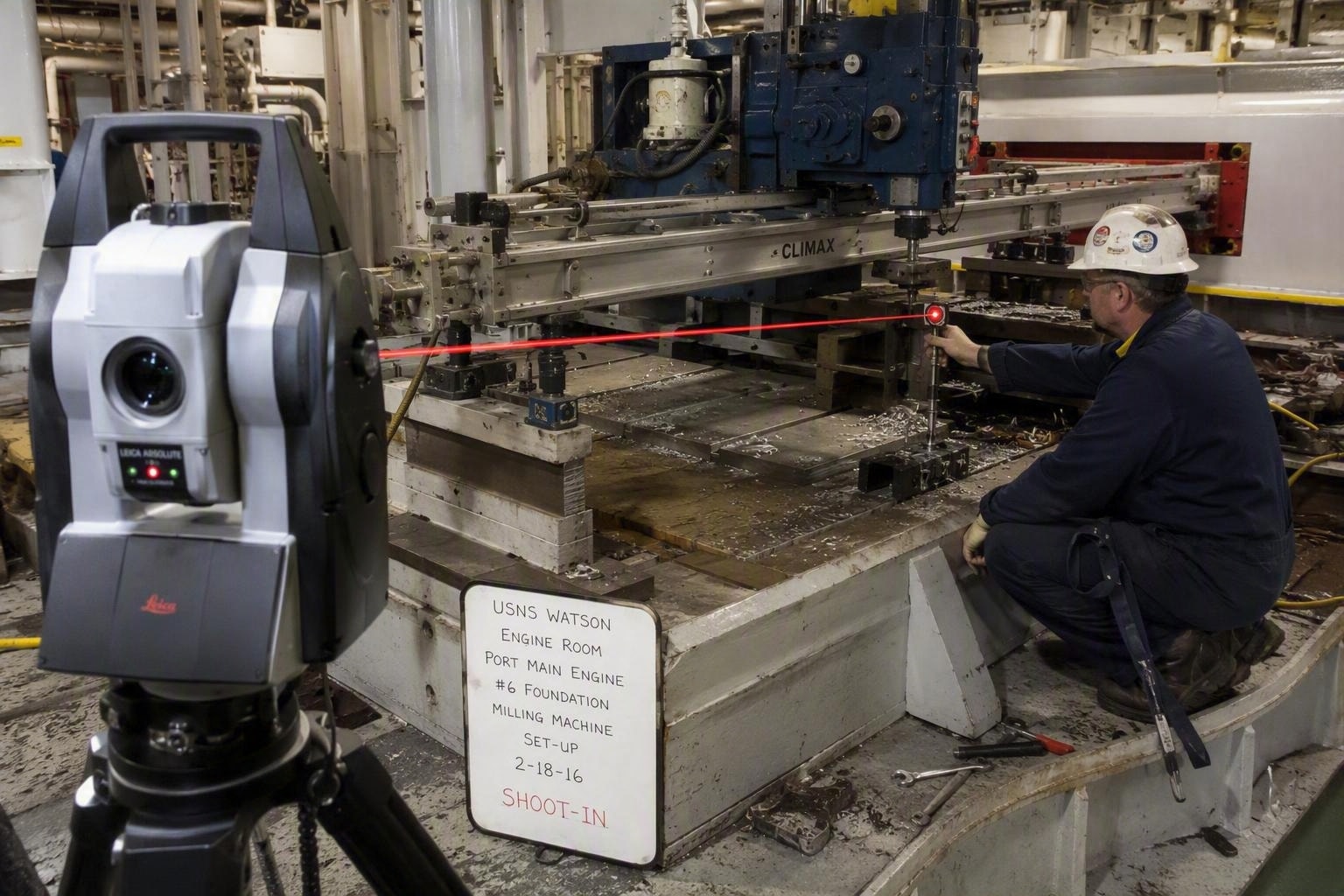 Theodolite taking a precision level measurement on a shipboard unit